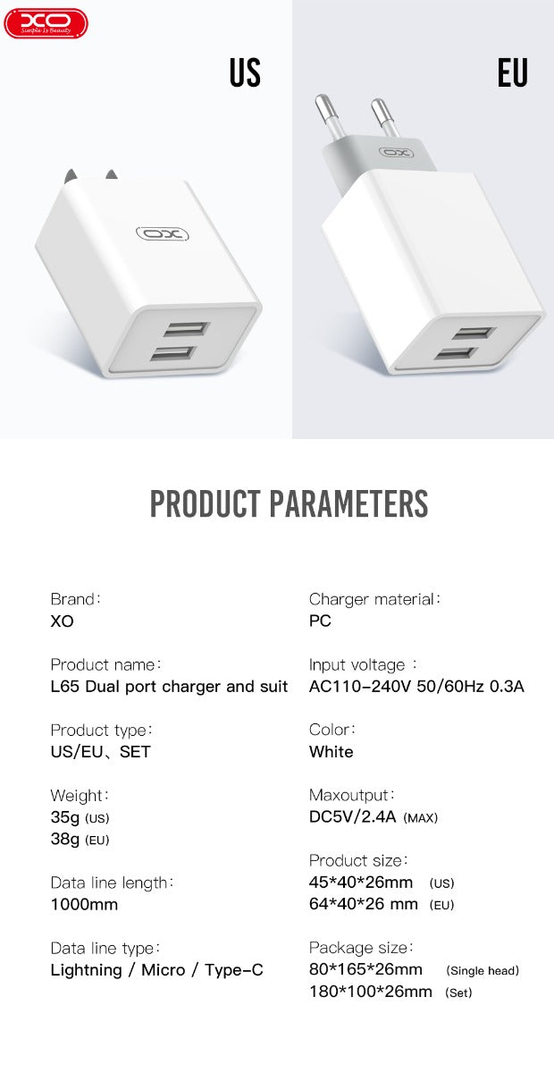XO L65EU 2.4A Φορτιστής με Διπλή Θύρα USB για Lightning