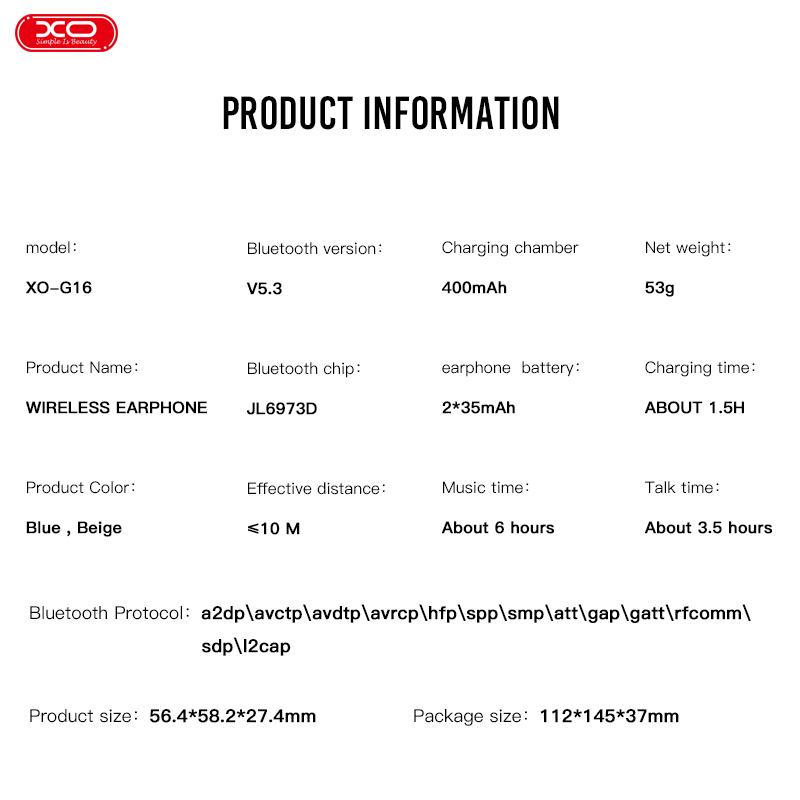 XO G16 Linglong dual-mic ENC TWS Wireless Headphones Blue