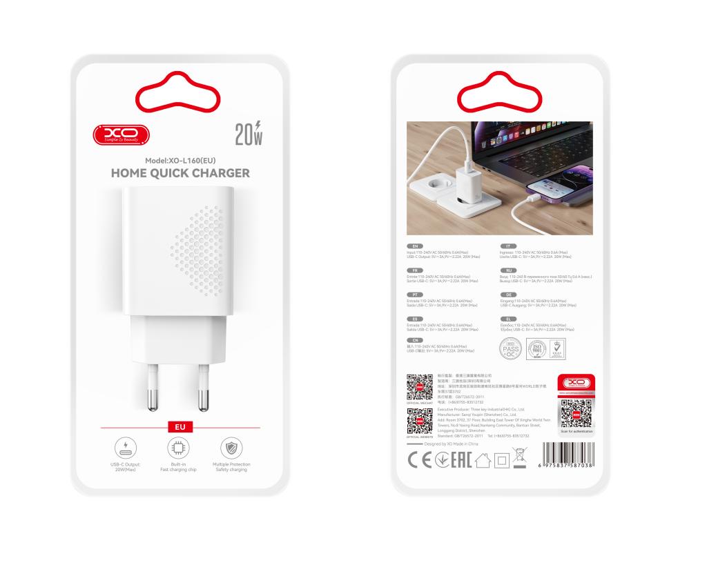 XO L160(EU) Φορτιστής Γρήγορης Φόρτισης 20W 1USB-C