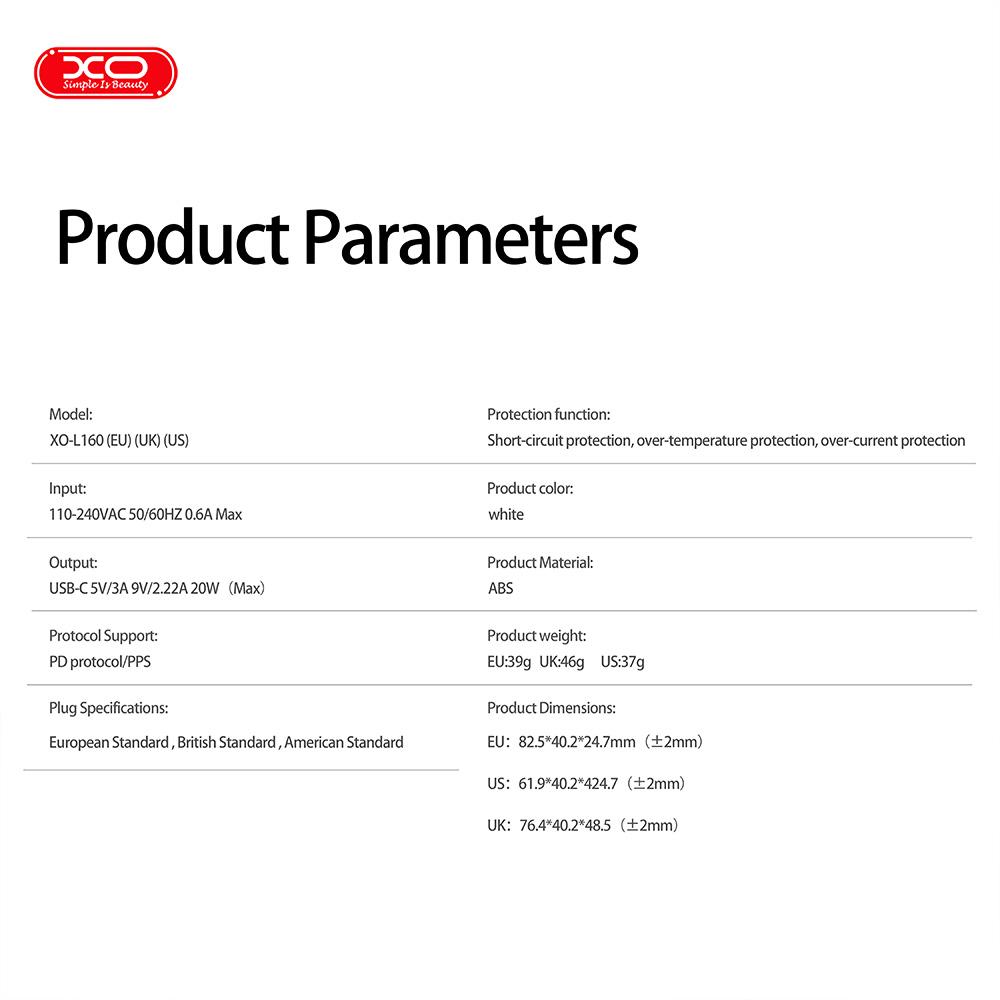 XO L160(EU) Φορτιστής Γρήγορης Φόρτισης 20W 1USB-C