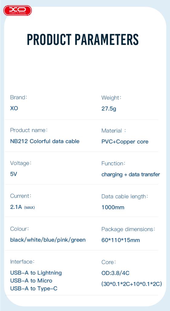 XO NB212 2.1A USB Καλώδιο για Type-C Μπλέ