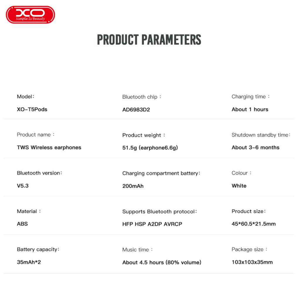 XO T5 Pods Ακουστικά Bluetooth 5ης Γενιάς (Λευκά)