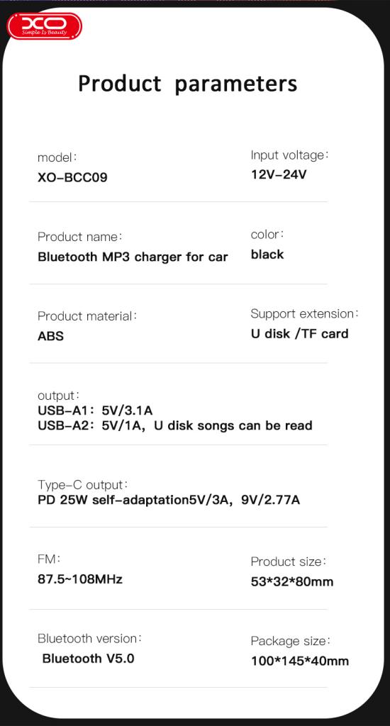 XO BCC09 Bluetooth MP3 Car Charger with TF card slot + PD 25W