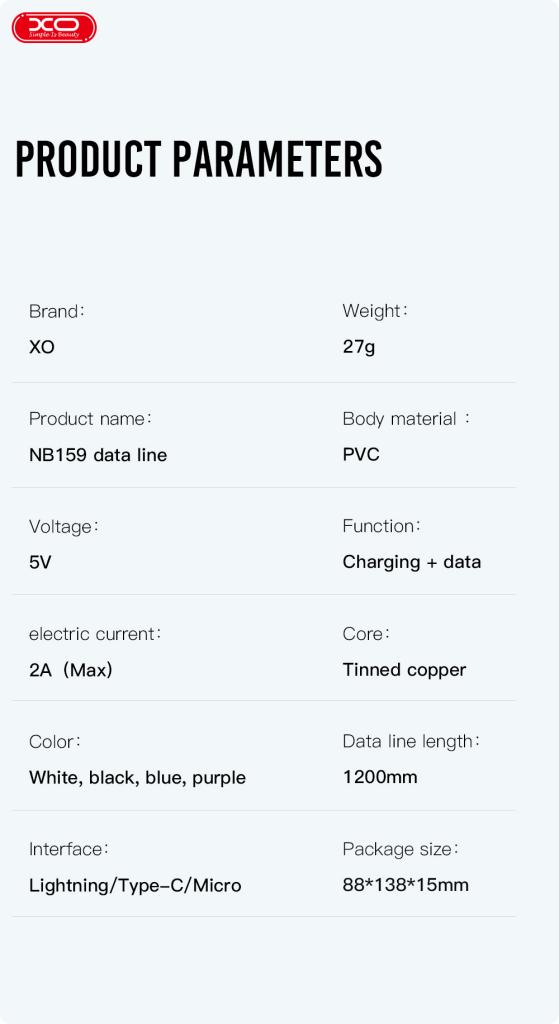 XO NB159 2.0A USB Καλώδιο για Lightning 1.2m Μωβ