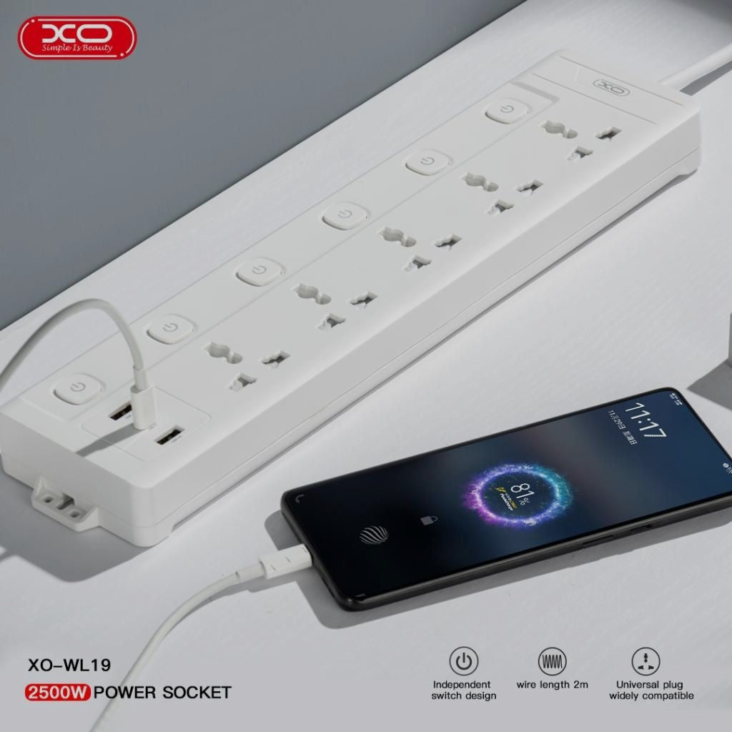 XO WL19 (EU) Πολύπριζο 5AC jack+USB-A+1USB-C με Ανεξάρτητο Διακόπτη