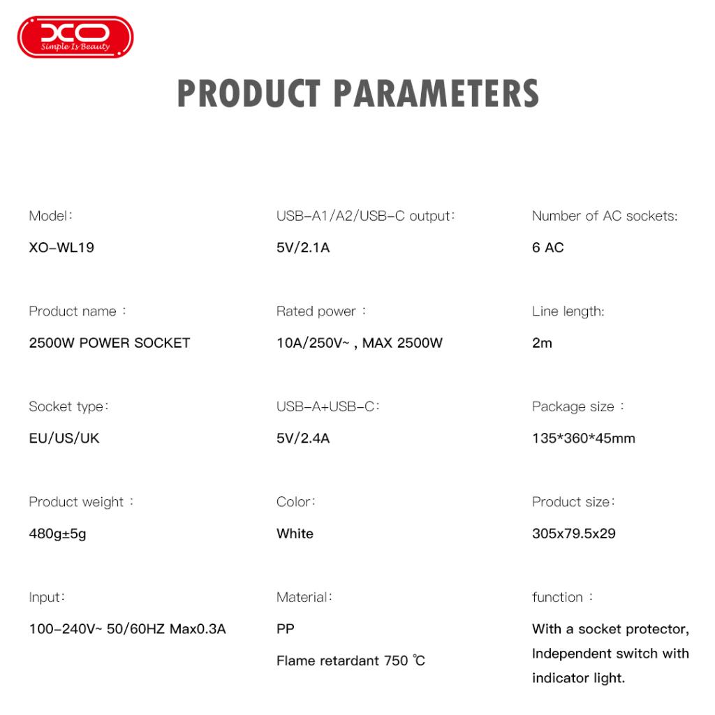 XO WL19 (EU) Πολύπριζο 5AC jack+USB-A+1USB-C με Ανεξάρτητο Διακόπτη