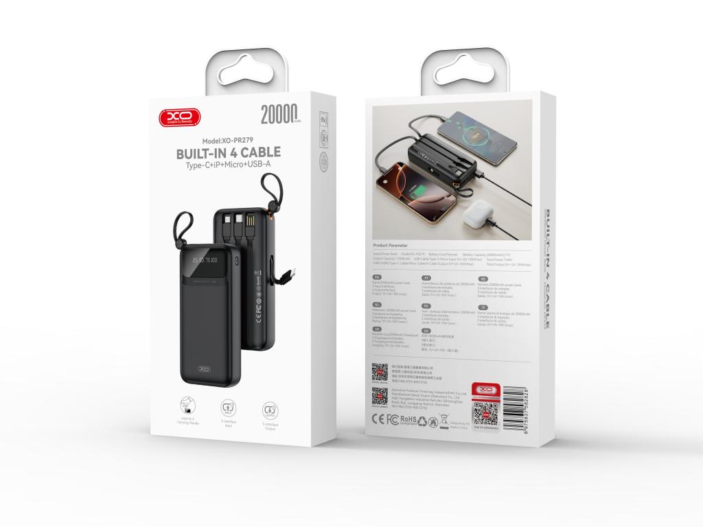 XO PR279 Powerbank με Καλώδια USB-A Type-C Micro & Lightning 20.000mAh