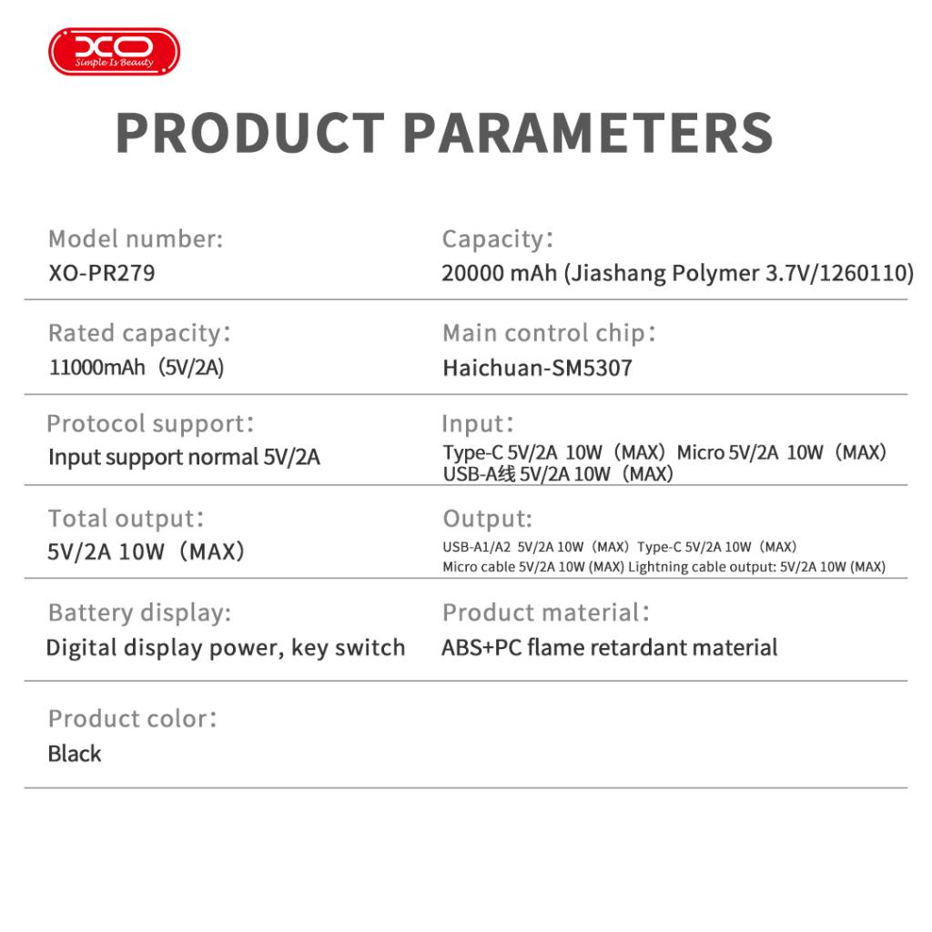 XO PR279 Powerbank με Καλώδια USB-A Type-C Micro & Lightning 20.000mAh