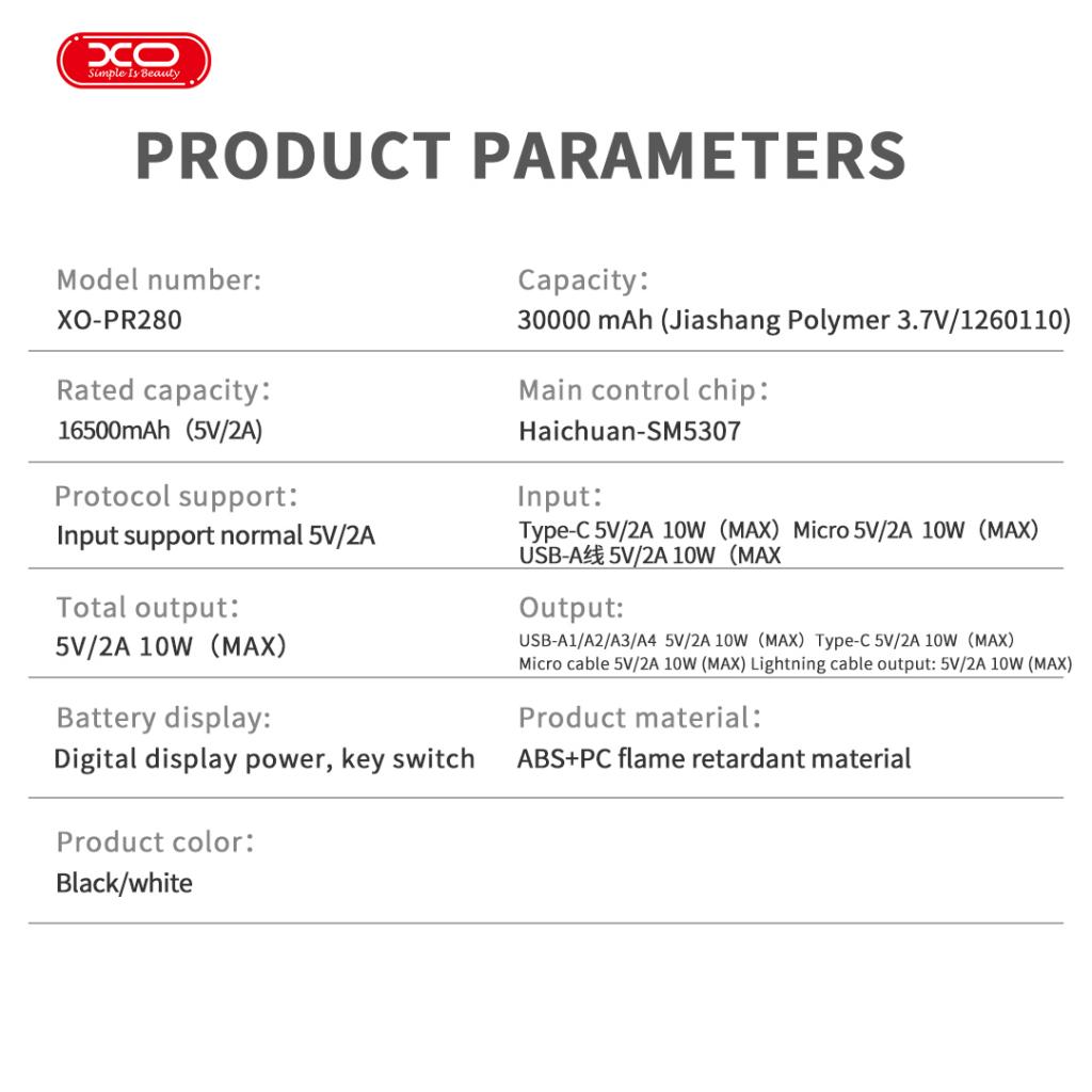 XO PR280 Powerbank με Καλώδια USB-A Type-C Micro & Lightning 30.000 mAh