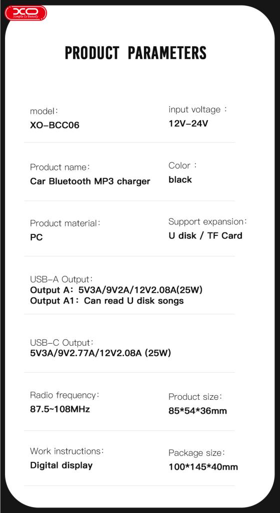 XO BCC06 Φορτιστής Αυτοκινήτου 25W Bluetooth + QC3.0 + PD
