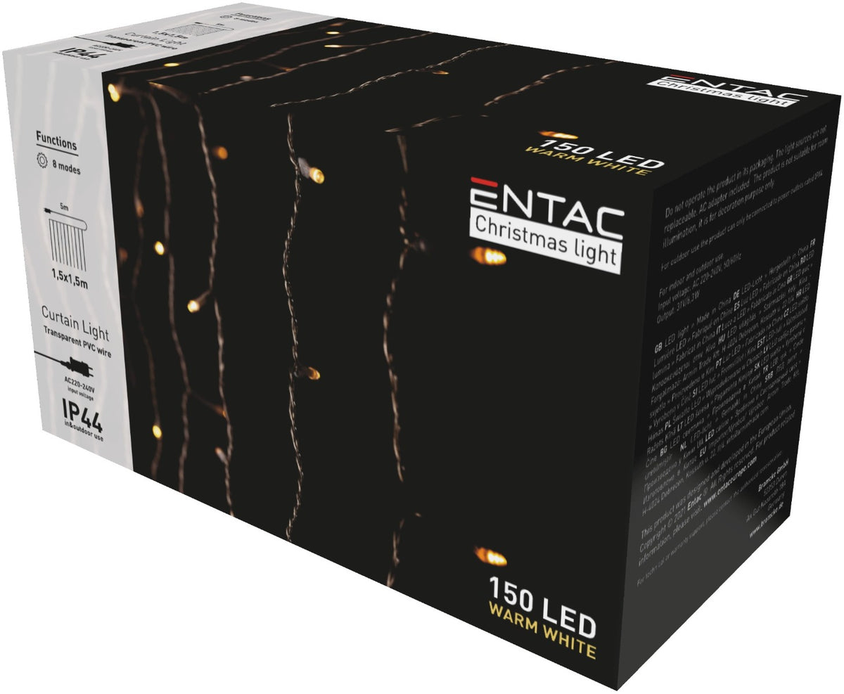 Entac Χριστουγεννιάτικα Λαμπάκια Κουρτίνα IP44 150 LED 1.5x1.5m με 8 Λειτουργίες