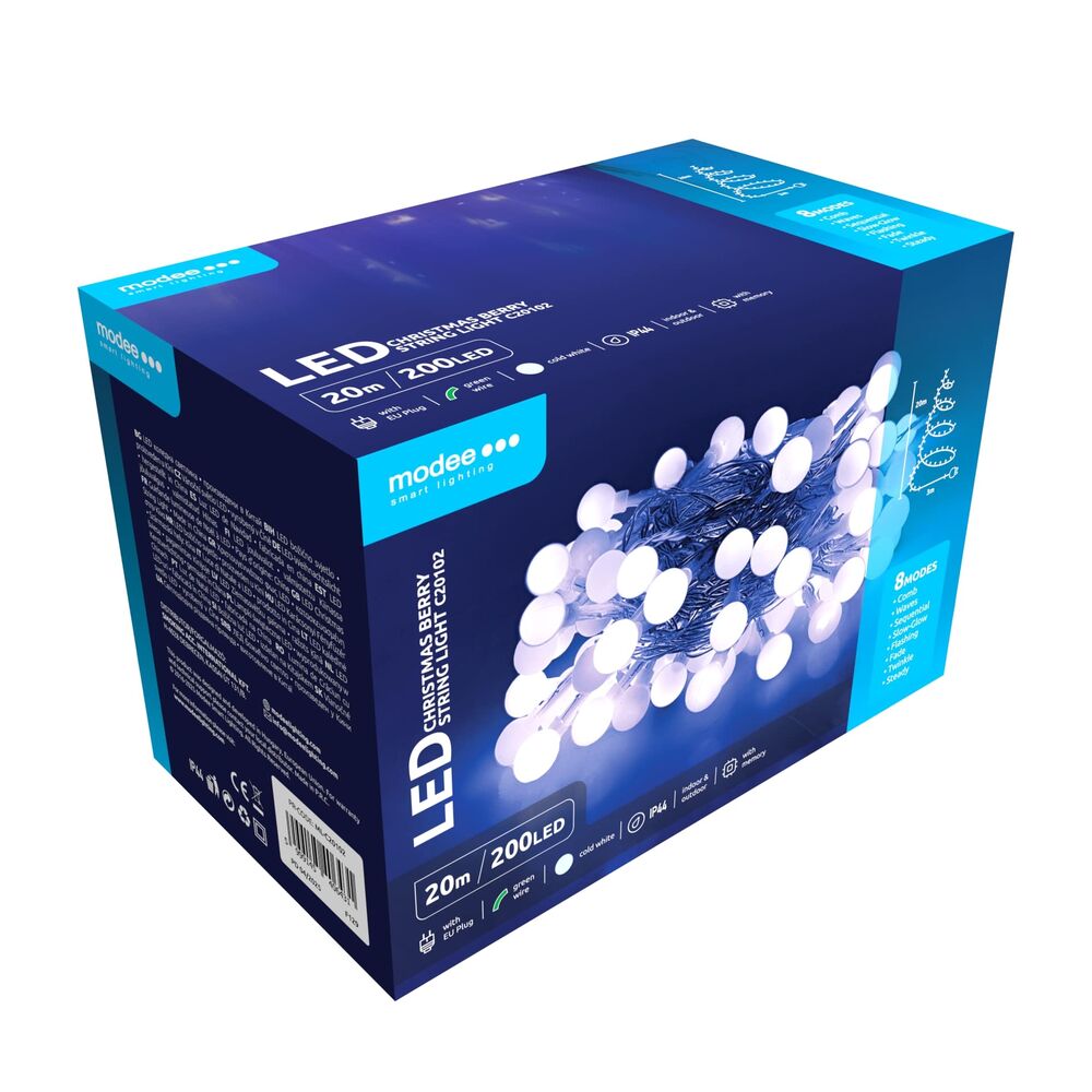 Modee Χριστουγεννιάτικα Λαμπάκια LED Τυπού Berry με Βύσμα (200LED/20m/10cm) Ψυχρό Λευκό
