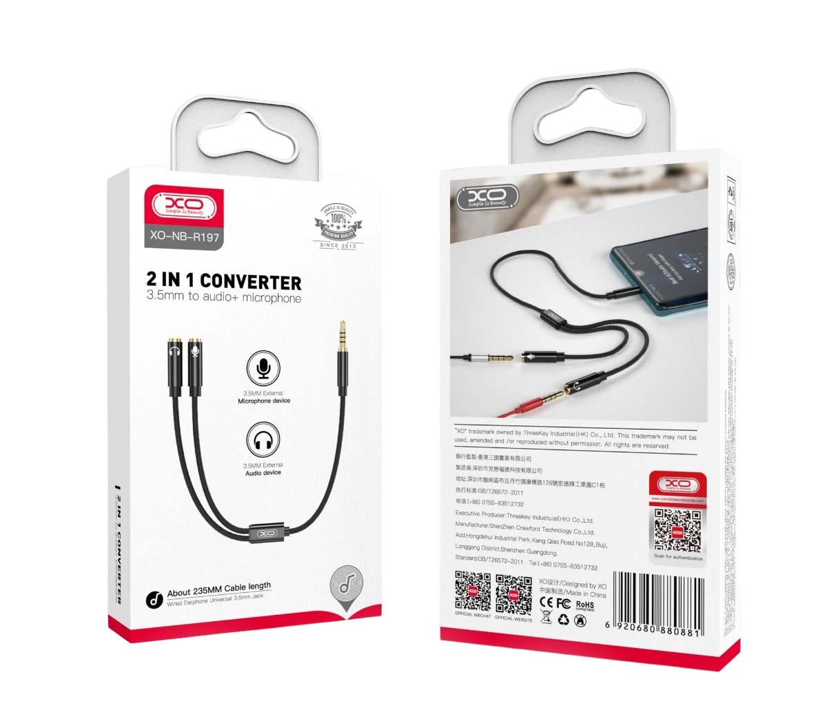 XO NBR197 2 in 1 3.5mm Audio + Microphone Adapter