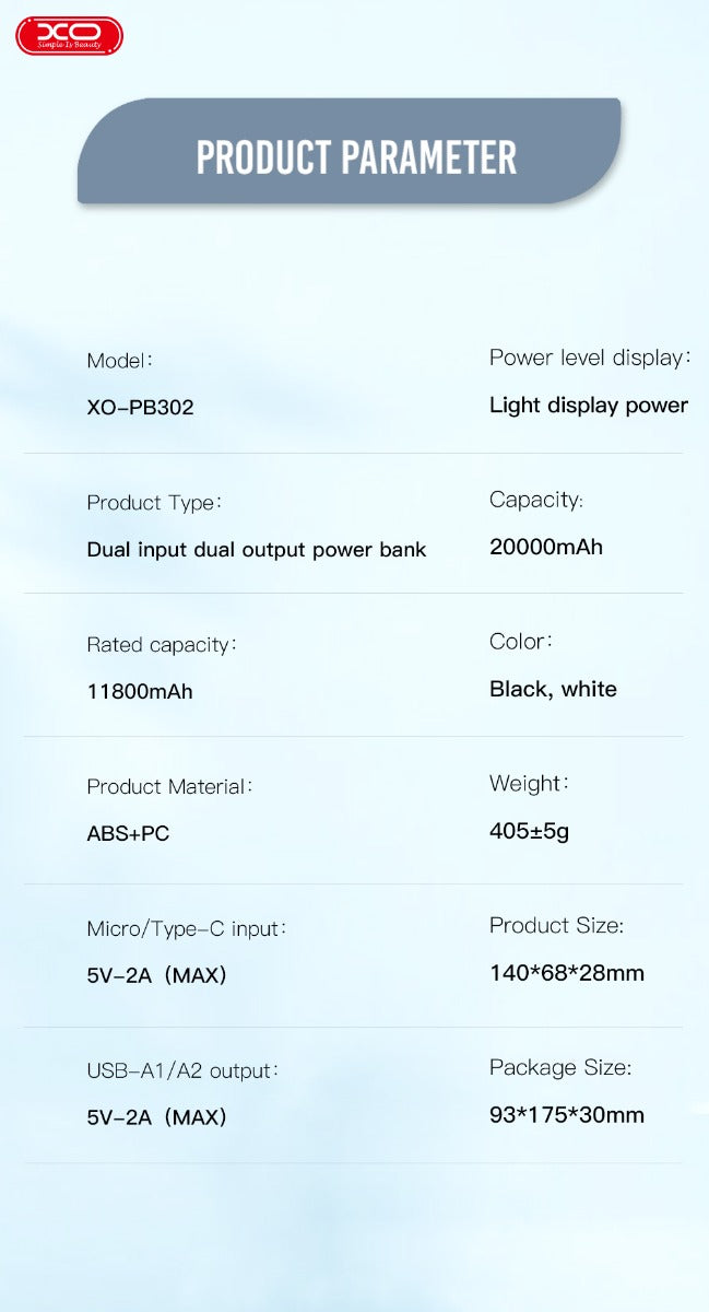 XO PB302 Power Bank με Φωτεινή Ένδειξη 20000mAh Μαύρο