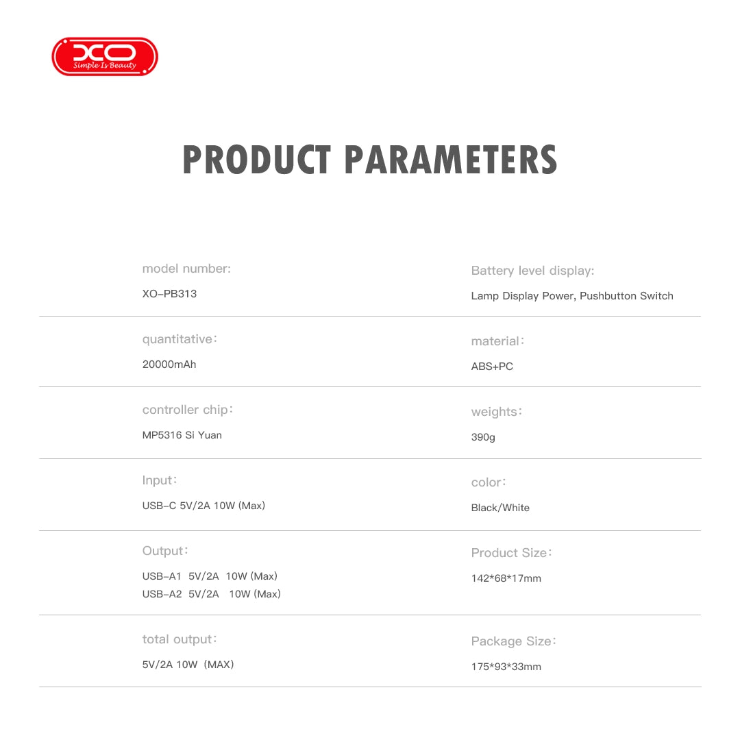 XO PB313 Powerbank 20000mAh Μαύρο