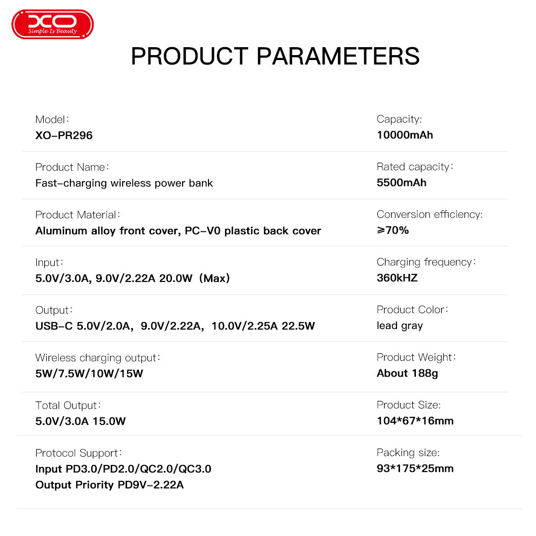 XO PR296 Powerbank Ταχείας Φόρτισης Μεταλικό με Μαγνήτη 10.000mAh Γκρι