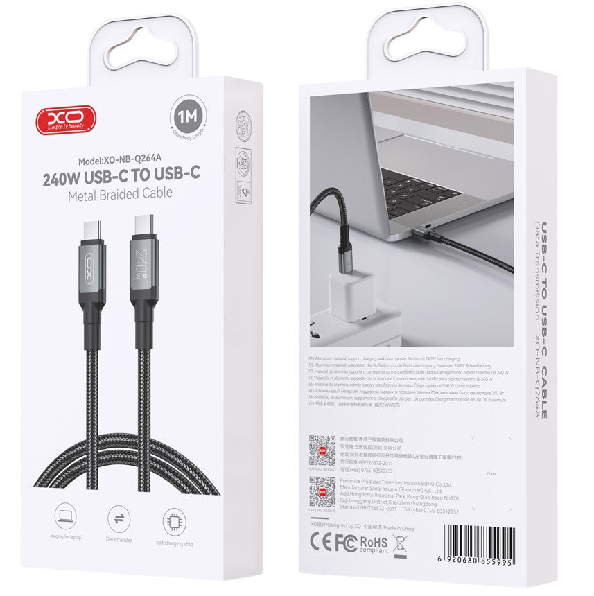 XO NB-Q264A Καλώδιο Μεταφοράς Δεδομένων Type-C σε Type-C 240W High Power 1m