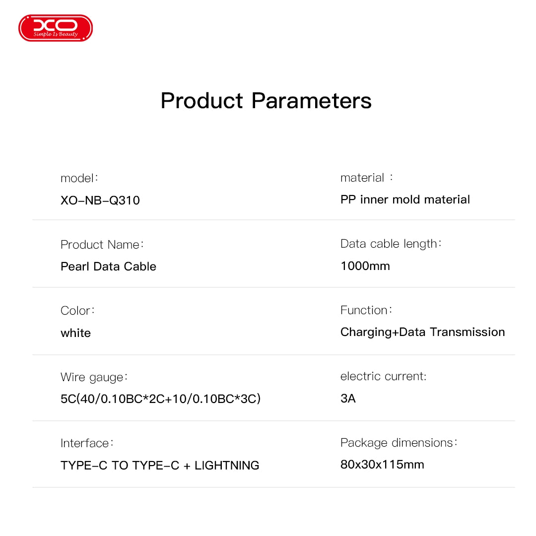 XO NB-Q310 Καλώδιο Φόρτισης & Μεταφοράς Δεδομένων με Πέρλες Type-C σε Type-C (60W) & Lighting (27W) 1m