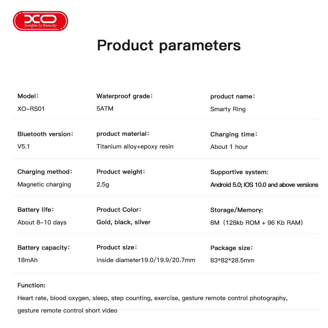 XO RS01 Smart Δαχτυλίδι Μέγεθος 10 Χρυσό