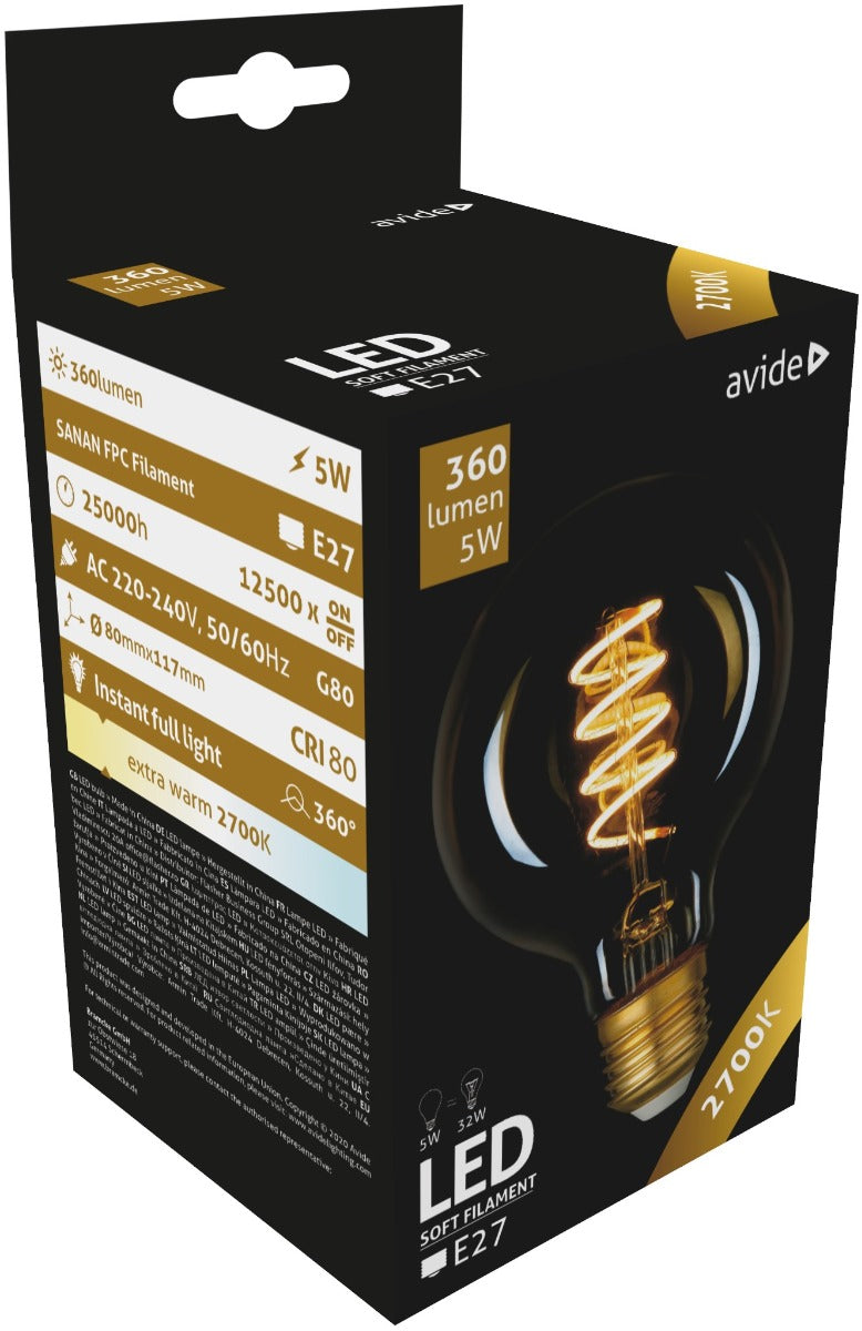 Avide Λάμπα LED Soft Filament G80 4.5W E27 360° Θερμό 2700K