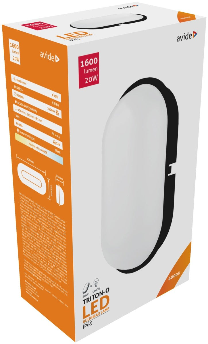 Avide Στεγανή Πλαφονιέρα Οροφής Οβάλ (Triton-O) IP65 20W Λευκό 4000K Μαύρο