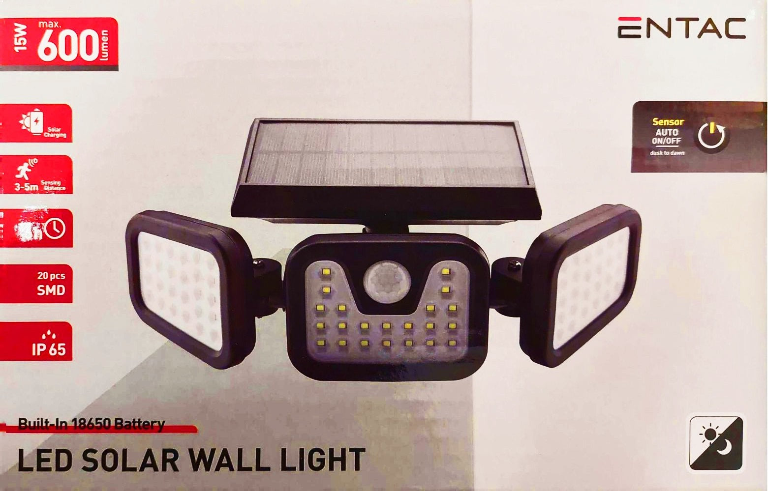 Entac Ηλιακό Φωτιστικό Τοίχου 15W SMD 3 Κεφαλές με Ανιχνευτή Κίνησης