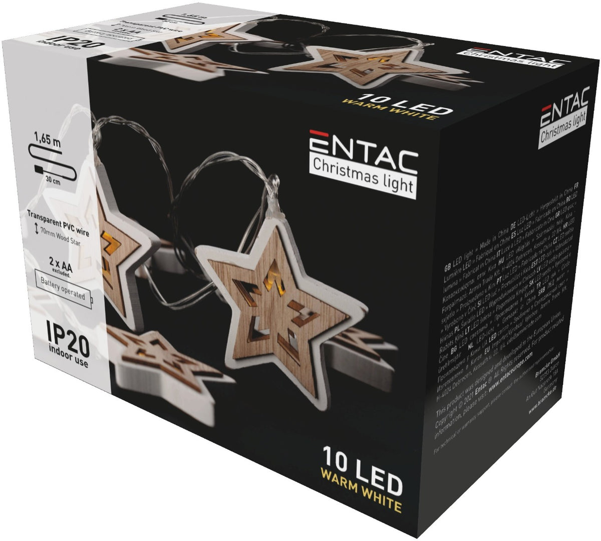 Entac Christmas Lights Indoor Wooden Stars 10 LED Warm 1.65m (2xAA Not Included)