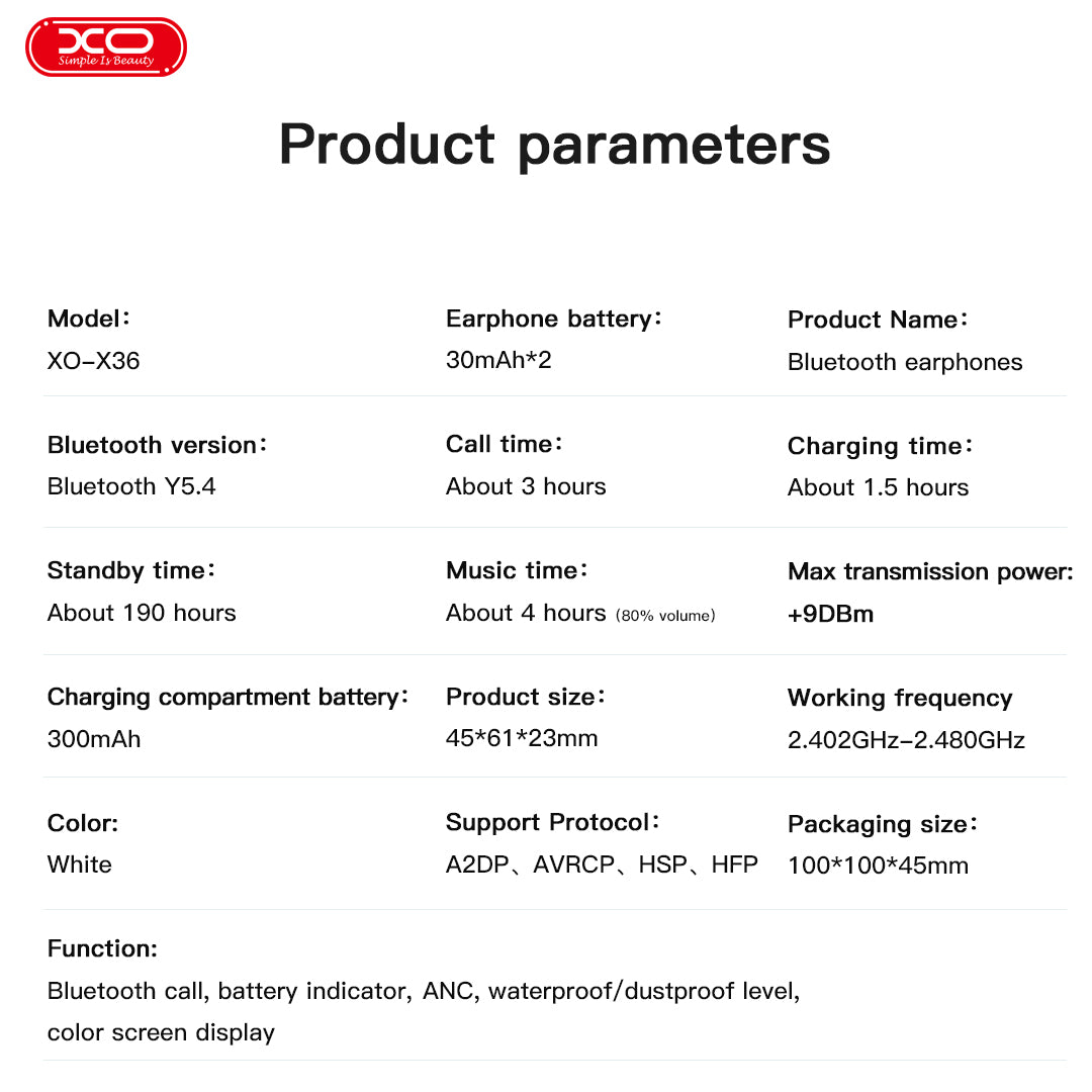 XO X36 Ασύρματα Ακουστικά Bluetooth ANC TWS με Smart Οθόνη