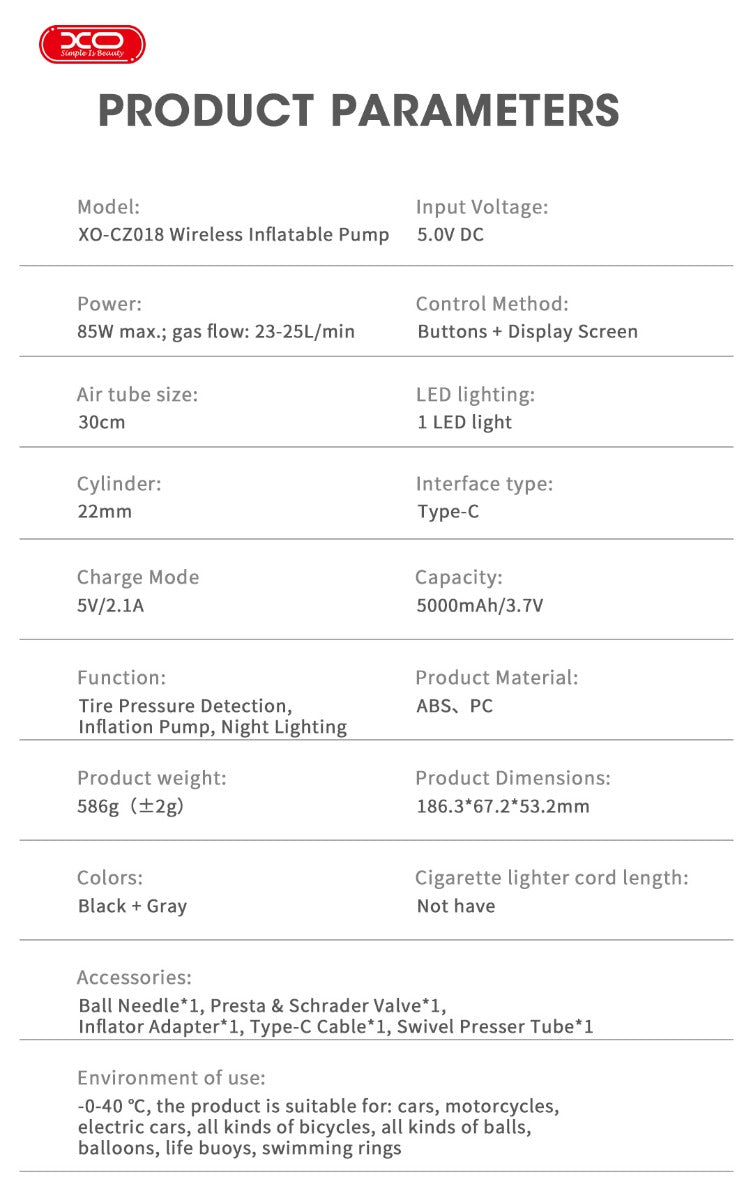 XO CZ018 Smart Φορητή Ασύρματη Αντλία Φουσκώματος 5000 mAh 22 Κυλίνδρων
