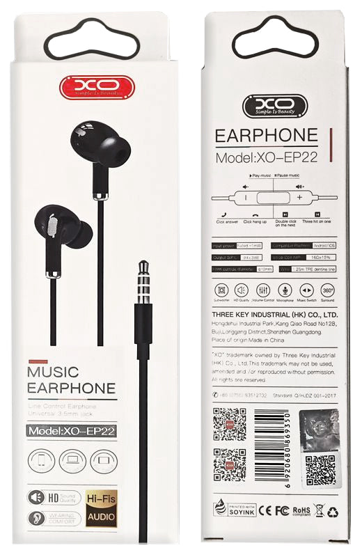 XO EP22 Ακουστικά Handsfree 3.5mm Μαύρα