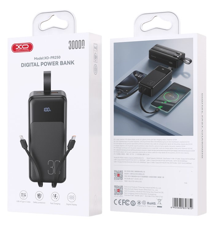 XO Power Bank PR250 USB-C 20W / USB-A 22,5W με Ψηφιακή Οθόνη