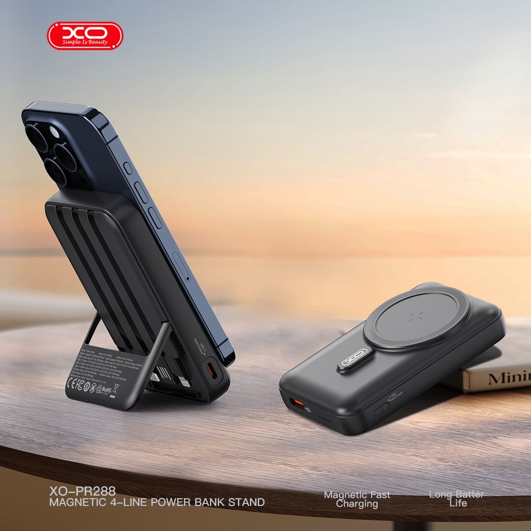 XO PR288 Powerbank Ταχείας Φόρτισης 15W με 3 Ενσωματομένα Καλώδια & Ασύρματη Φόρτιση PD20W 10000mAh