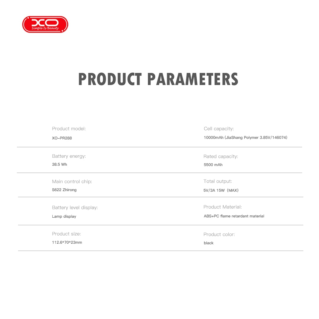 XO PR288 Powerbank Ταχείας Φόρτισης 15W με 3 Ενσωματομένα Καλώδια & Ασύρματη Φόρτιση PD20W 10000mAh