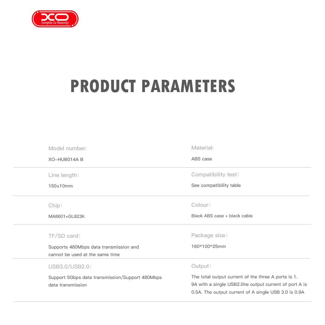 XO HUB014A Πλαστικός Φορητός Πολυαντάπτορας 4 σε 1 (Micro σε USB 3.0 + 2x USB 2.0 + TF)