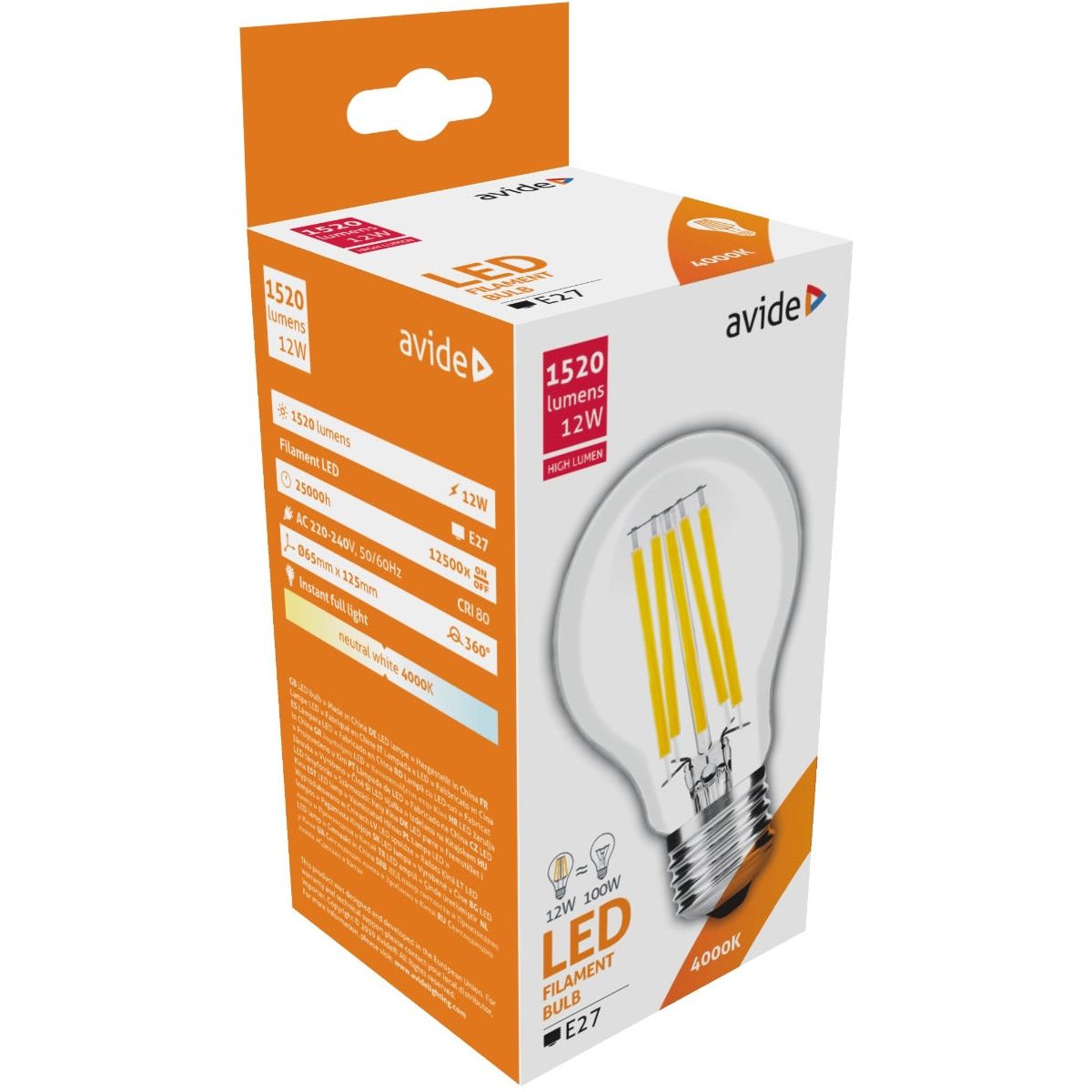 Avide Λάμπα LED Filament Κοινή 12W E27 A65 360° Λευκό 4000K High Lumen