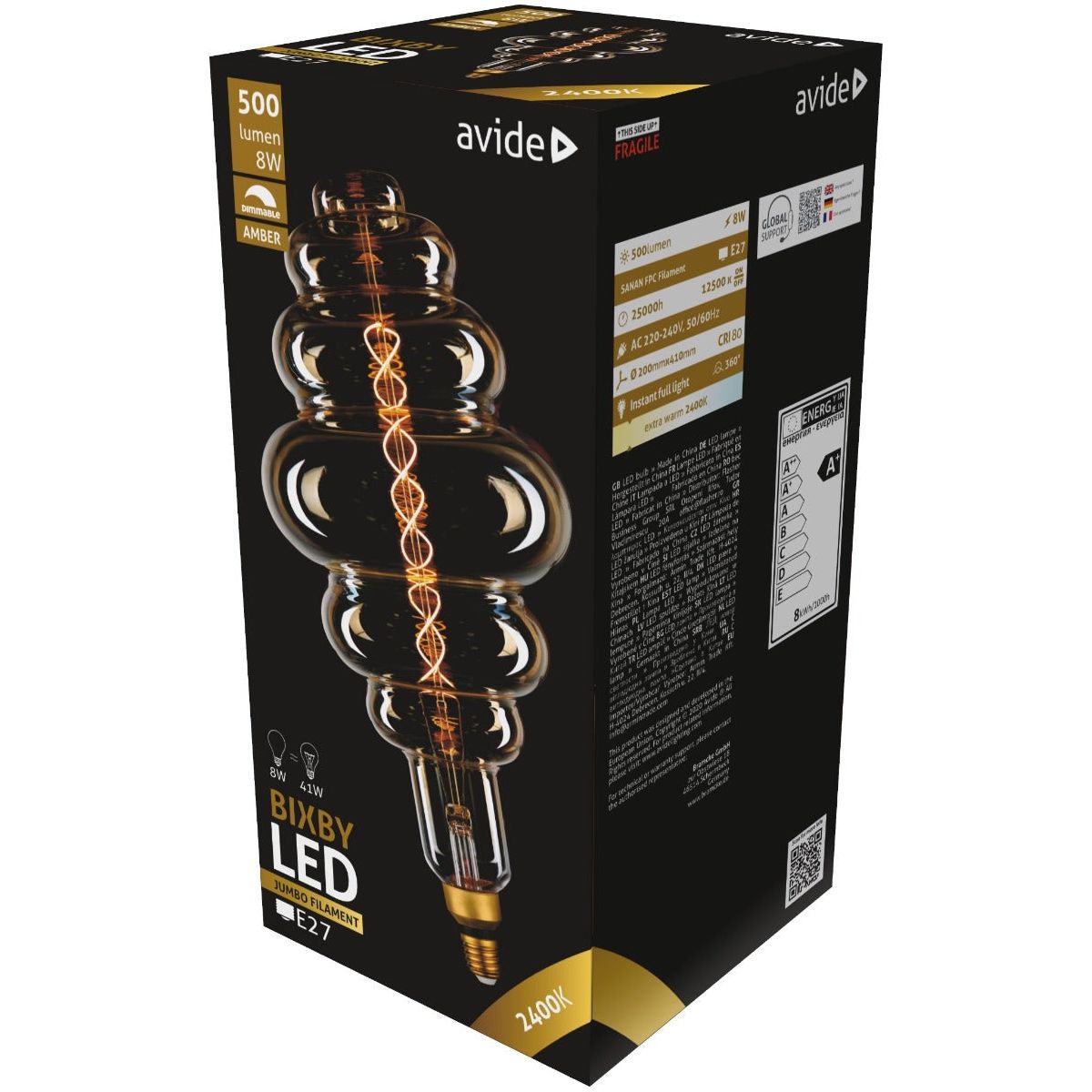 Avide Λάμπα LED Jumbo Bixby Κεχριμπάρι 8W E27 2400K Ντιμαριζόμενο 200x410mm