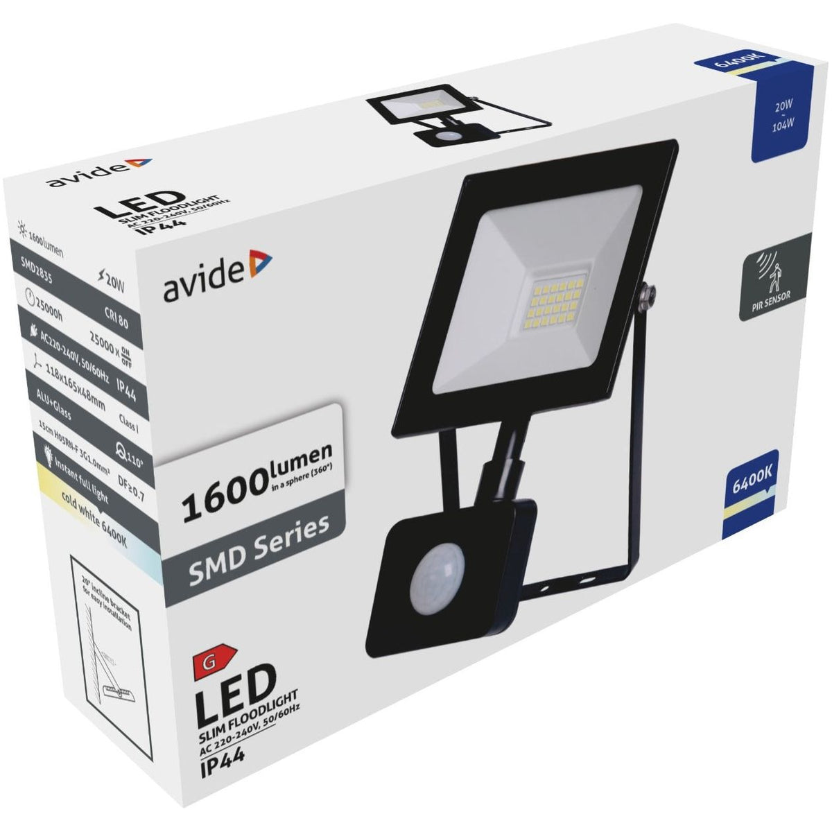 Avide LED Προβολέας Slim SMD 20W Ψυχρό 6400K Φωτοκύτταρο Value