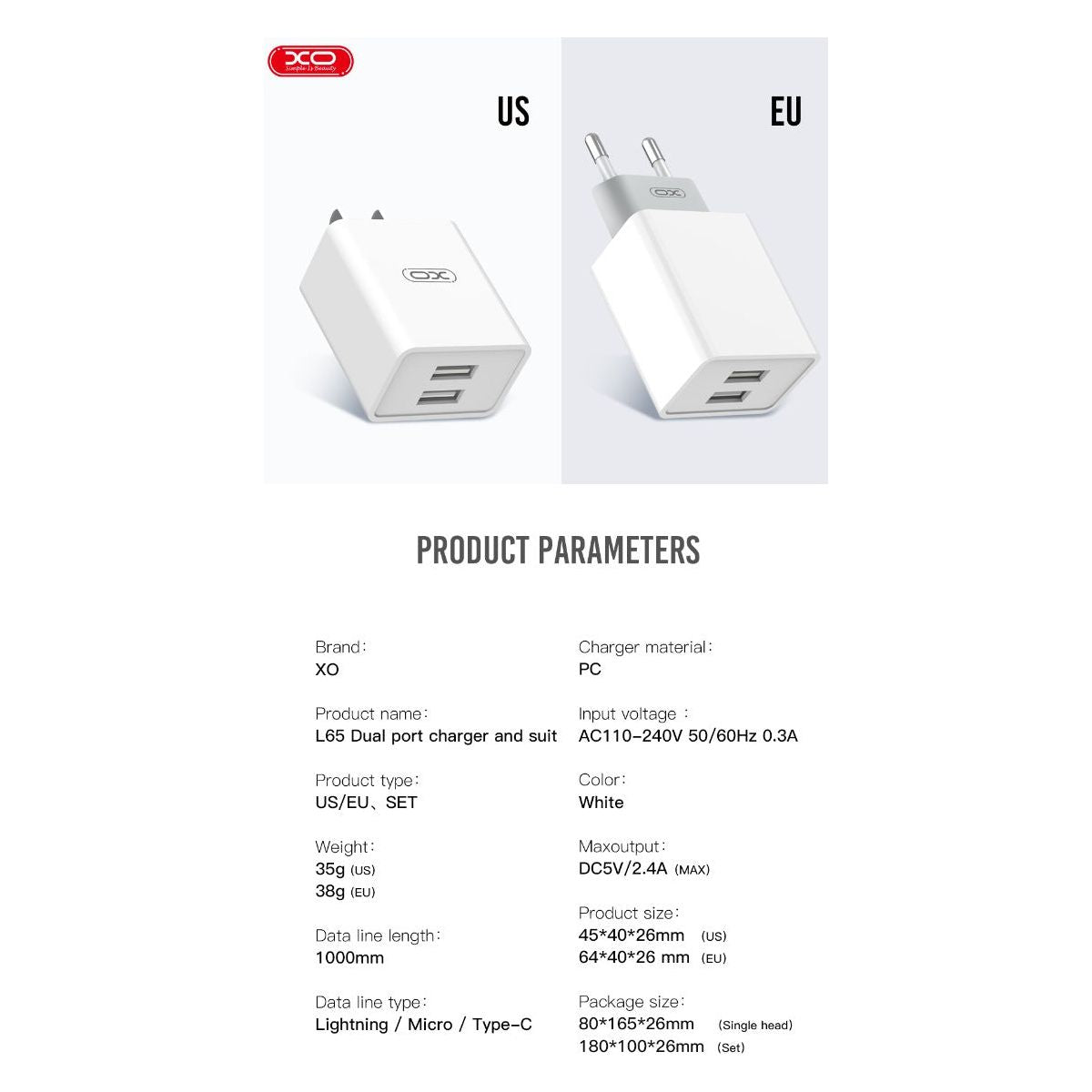 XO L65EU 2.4A Φορτιστής με Διπλή Θύρα USB για Lightning