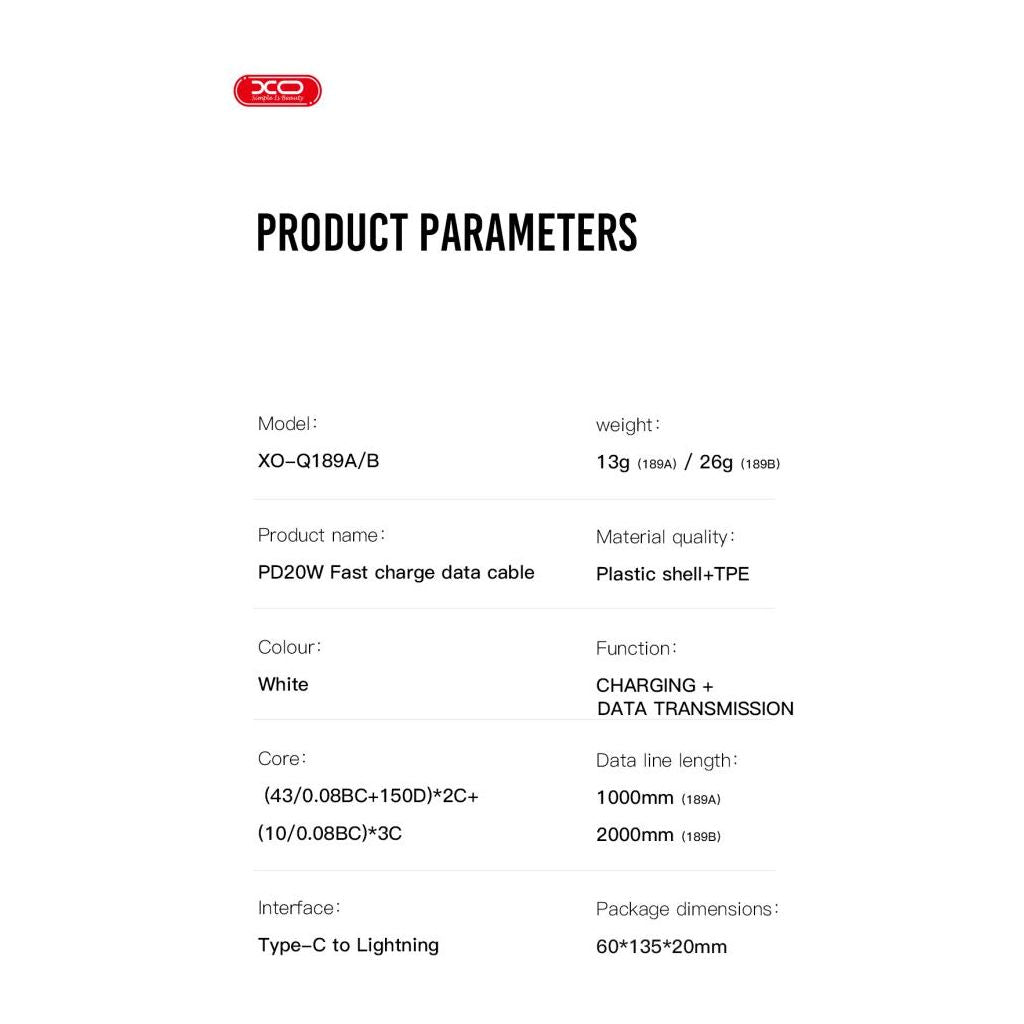 XO NB-Q189A PD 20W Καλώδιο Φόρτισης Type-C σε Lightning 1m