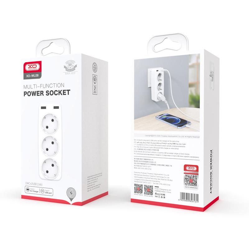 XO WL08 Πολύπριζο EU Smart Τοίχου (3AC+2USB 2.4A) Λευκό