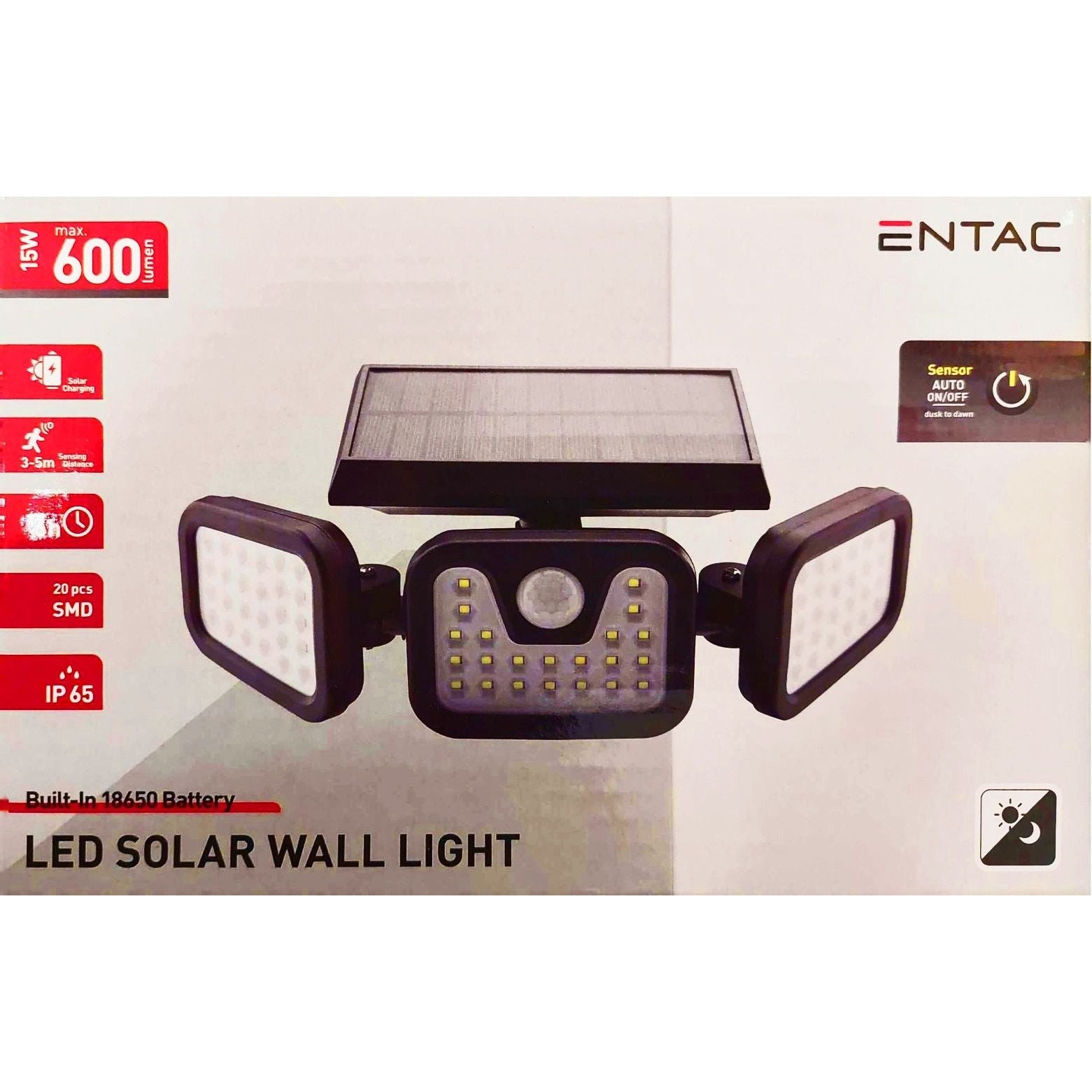 Entac Ηλιακό Φωτιστικό Τοίχου 15W SMD 3 Κεφαλές με Ανιχνευτή Κίνησης
